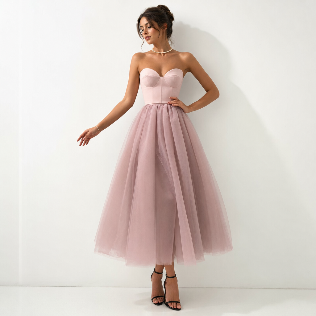 Women's Strapless Tulle Evening Dress - studio shot