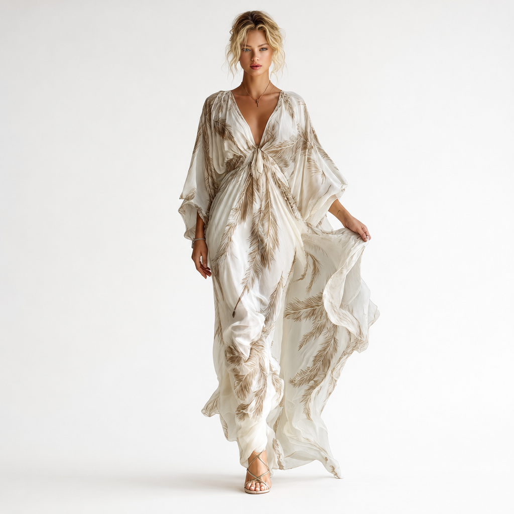 Dolman Sleeve Palm Leaf Print Twist-Front Maxi Dress - studio shot
