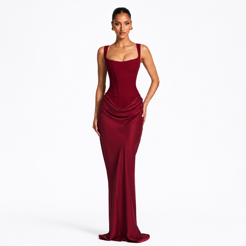 Corset Bodice Maxi Dress With Wide Shoulder Straps - studio shot