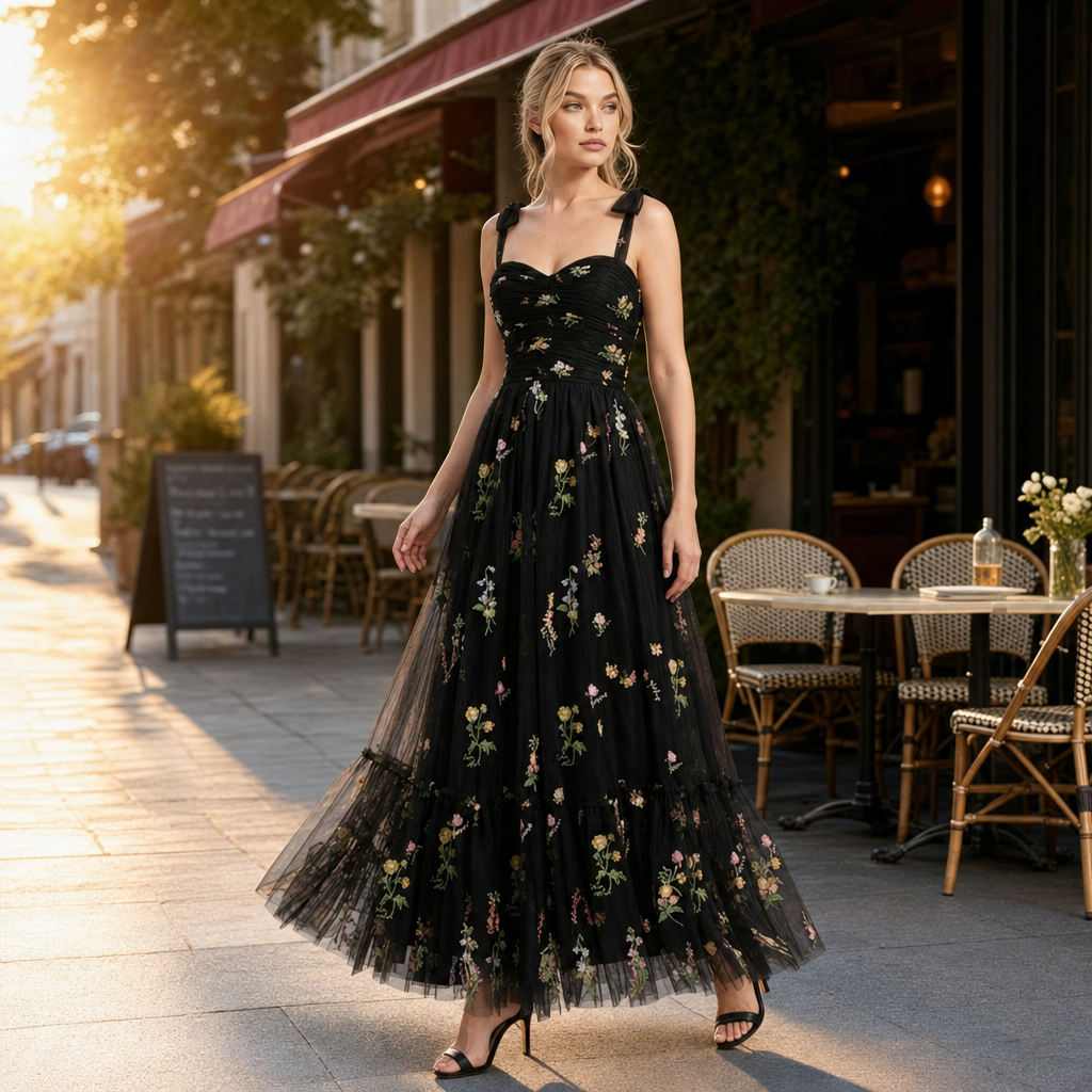 Floral Embroidered Tulle A-Line Evening Gown - lifestyle shot
