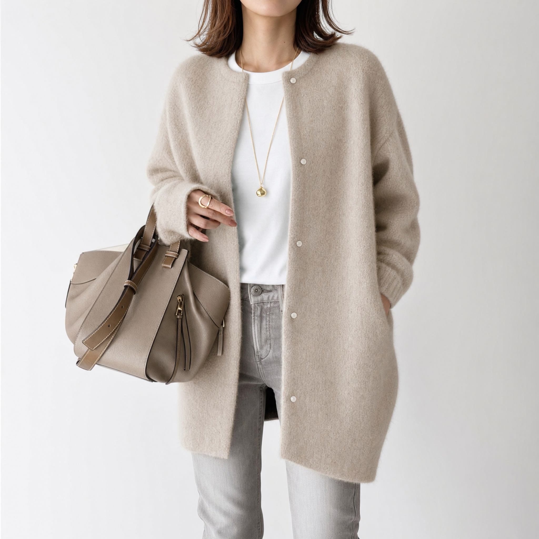 Wool And Suede Open Front Pocket Cardigan
