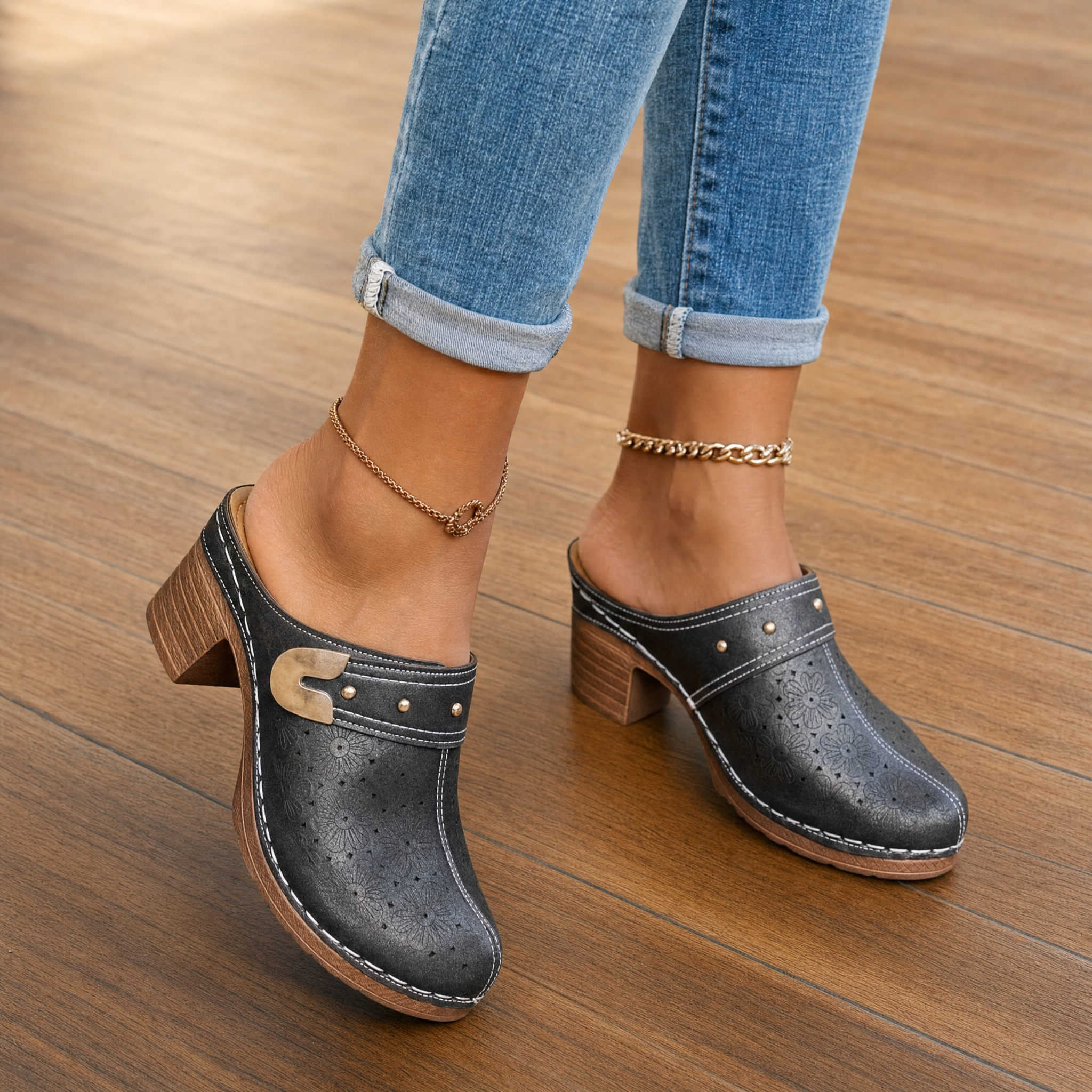 Woman wearing pewter grey clog mules, lifestyle