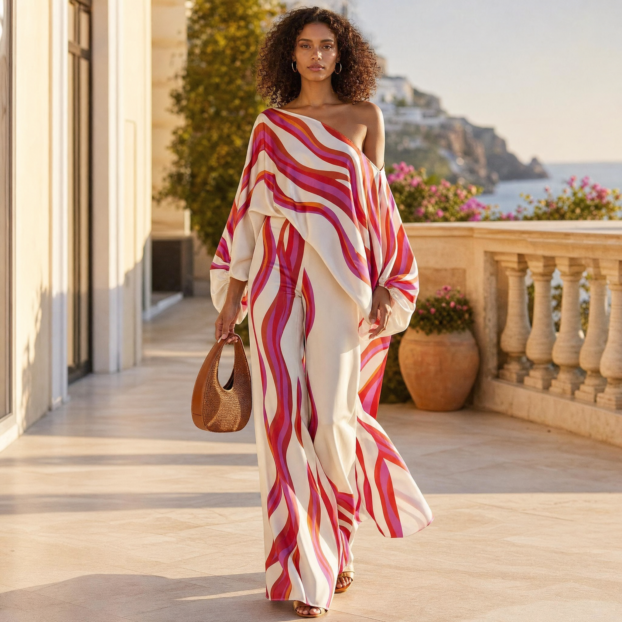 Woman wearing cream wavy-stripe one-shoulder two-piece set, lifestyle