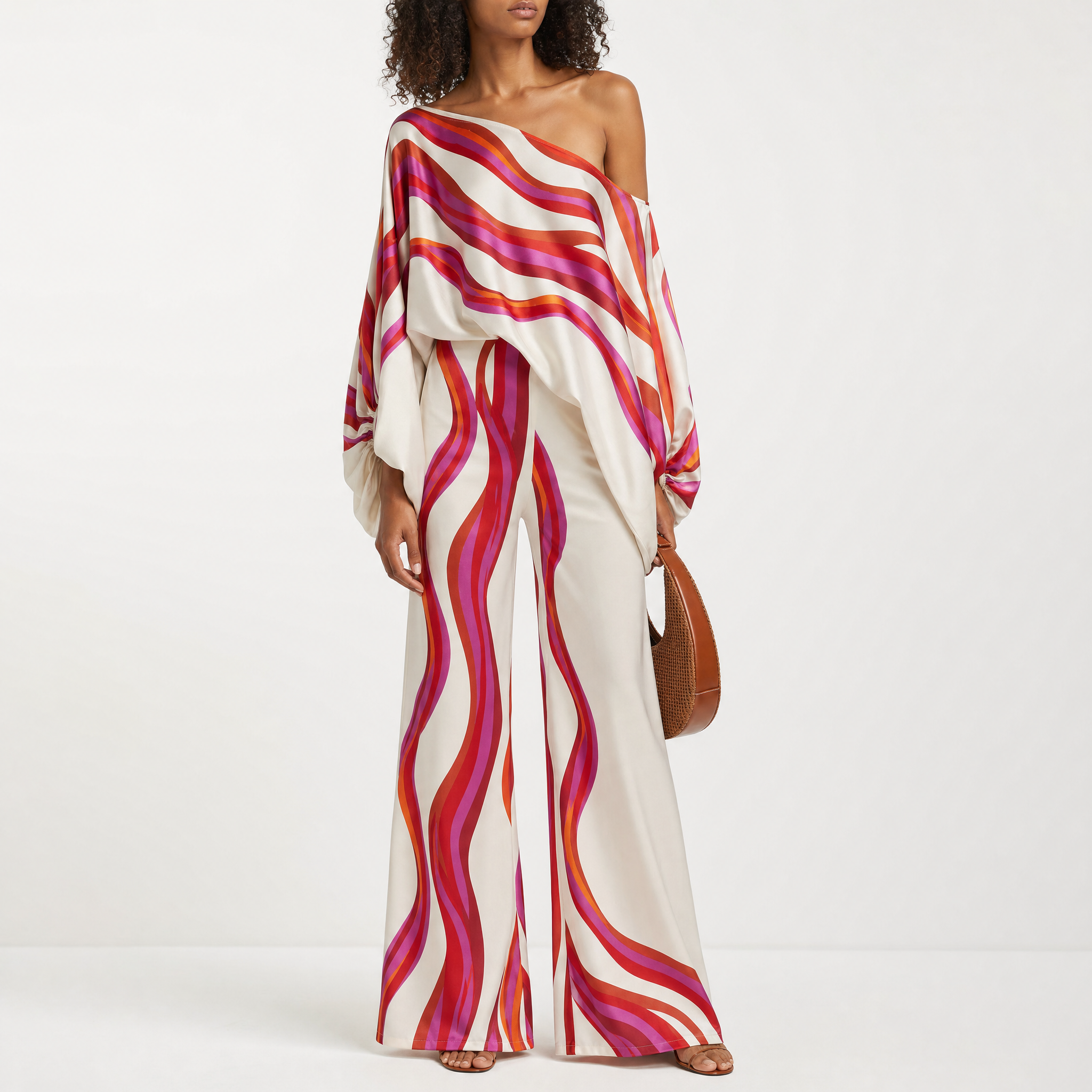 Cream wavy-stripe one-shoulder two-piece set, studio