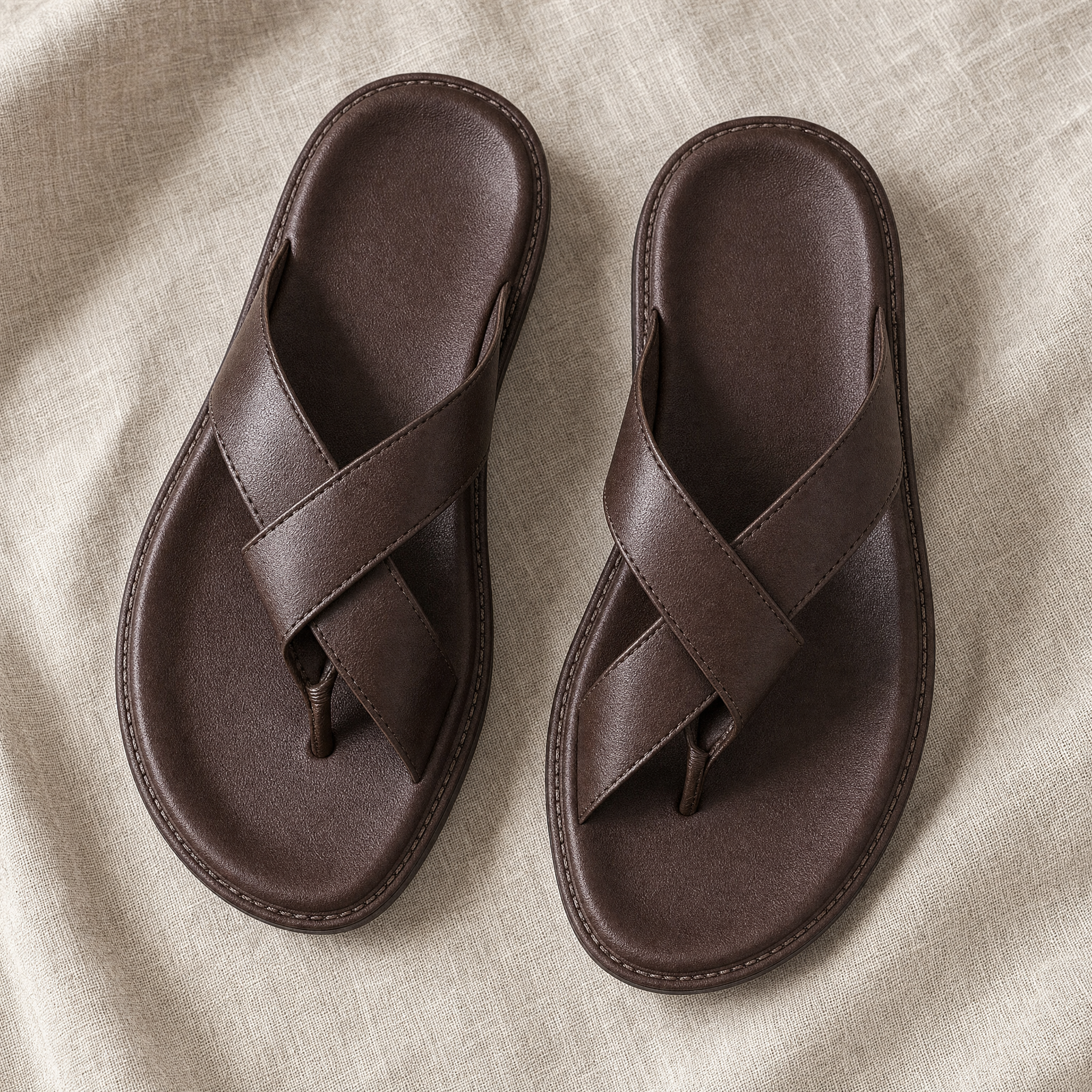 Dark brown leather thong sandals, flatlay