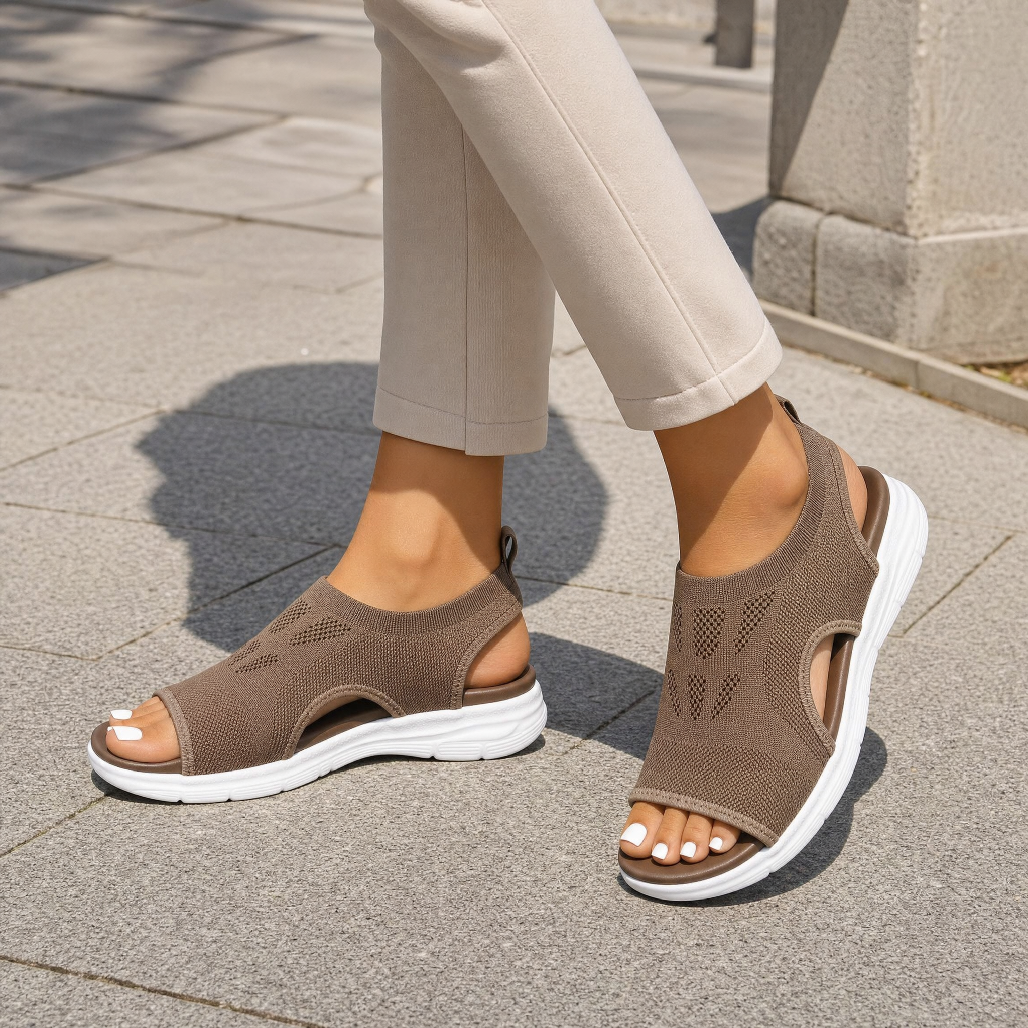 Woman wearing taupe knit sport walking sandals, lifestyle