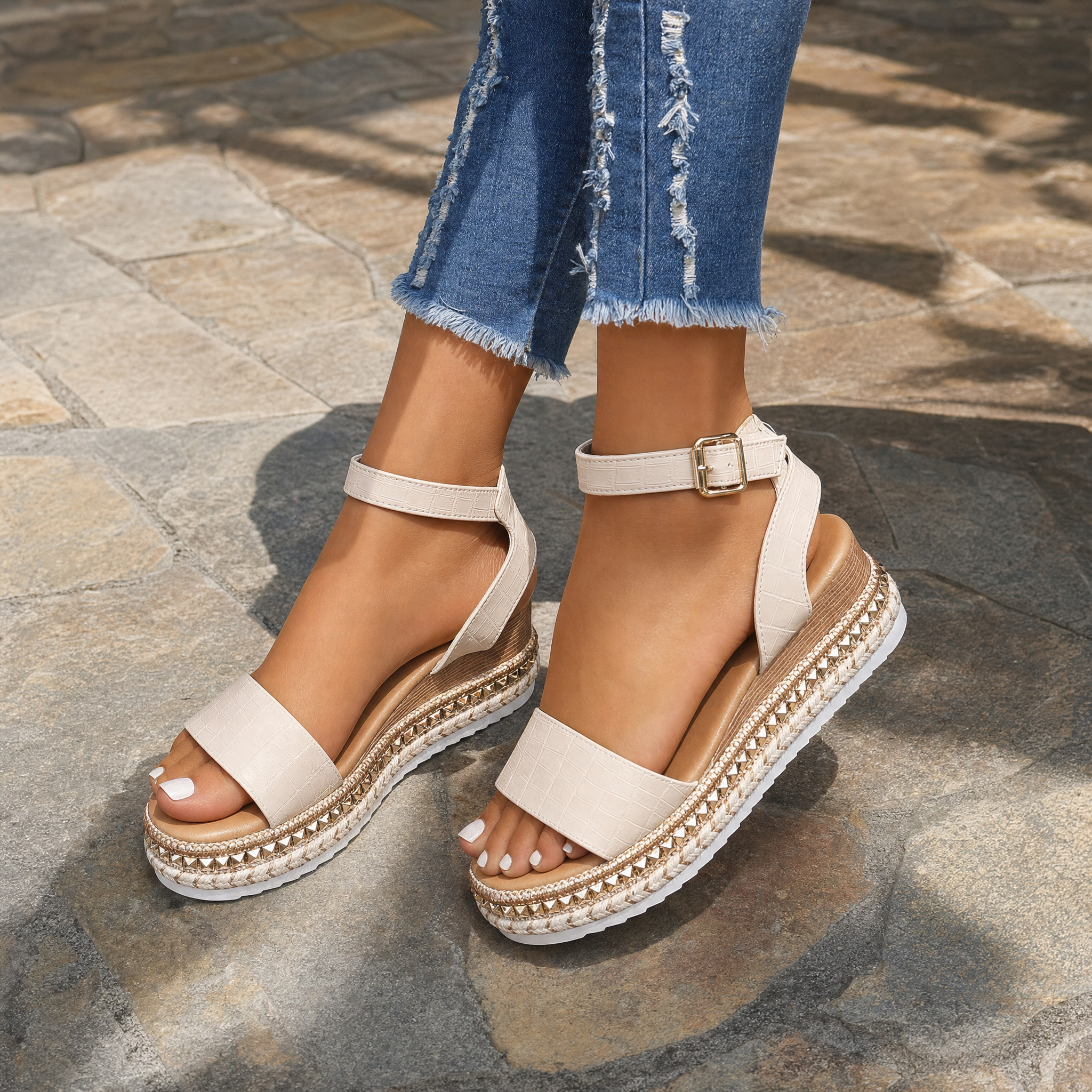 Woman wearing cream platform ankle-strap sandals, lifestyle