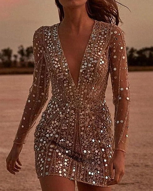 V-Neck Sequin Evening Dress With Sheer Sleeves