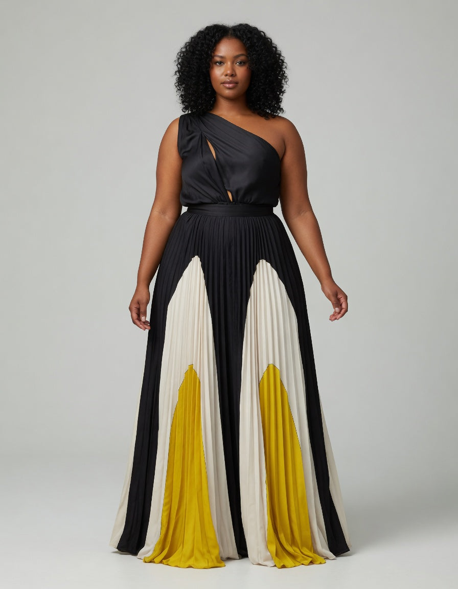 One-Shoulder Colour Block Maxi Dress – Flared Skirt – Statement Design