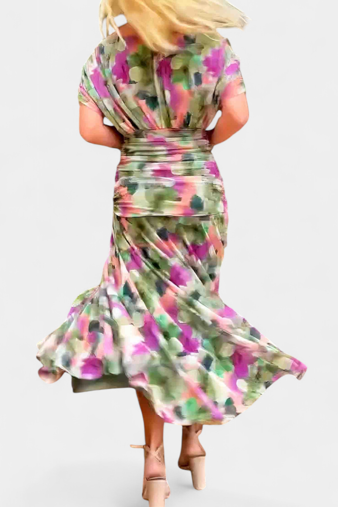Ruched V-Neck Flowy Maxi Dress