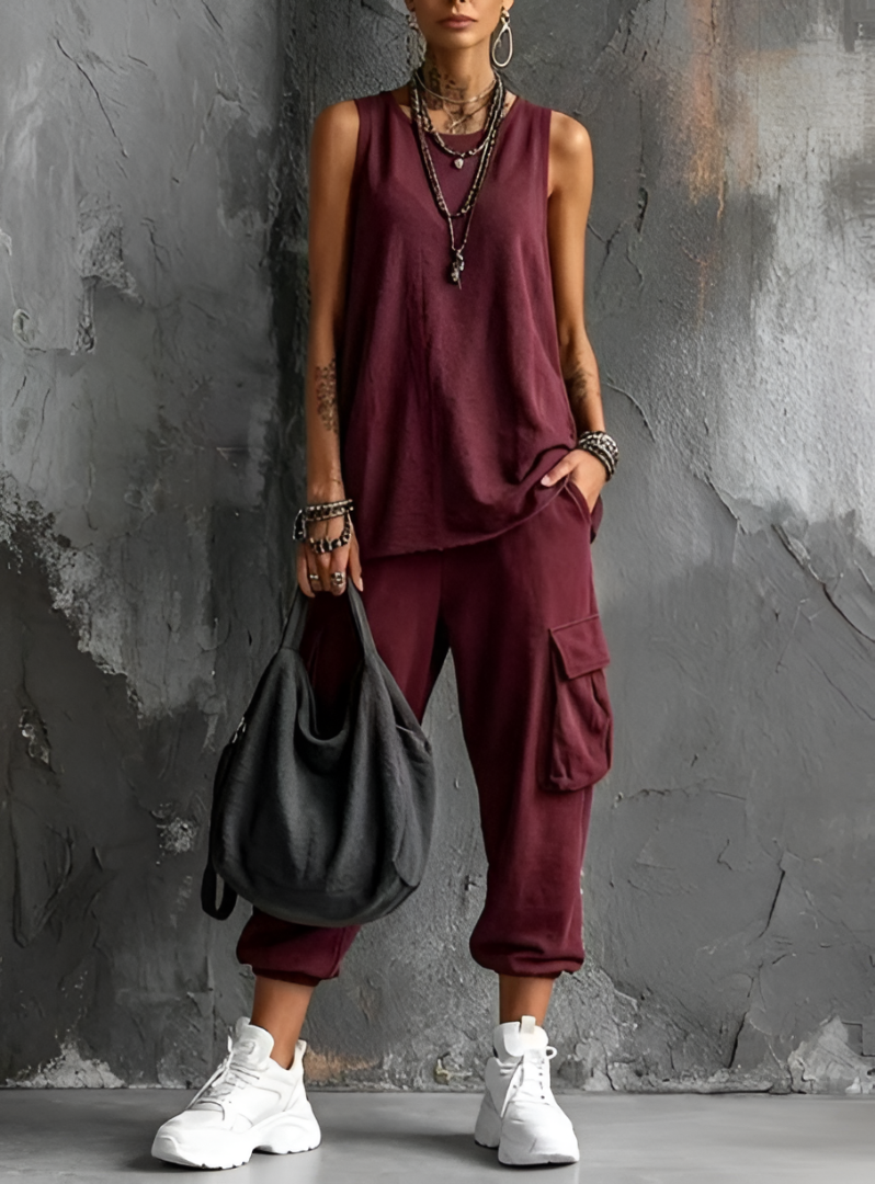 Sleeveless V-Neck Set with Utility Pocket Pants