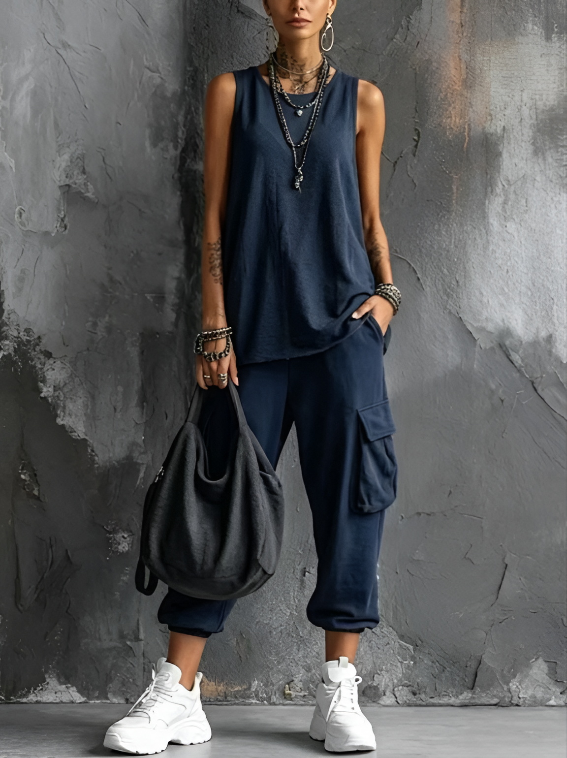 Sleeveless V-Neck Set with Utility Pocket Pants