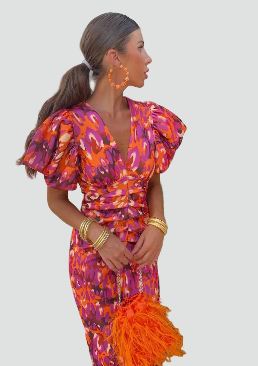 Puff Sleeve Deep V-Neck Midi Dress Floral Print