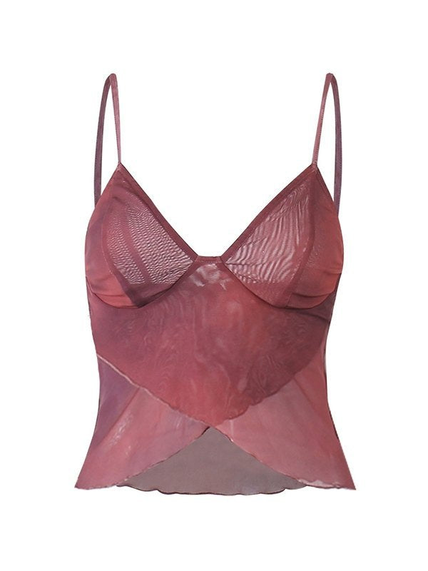 Crisscross Mesh Ruffle Hem Cami Top