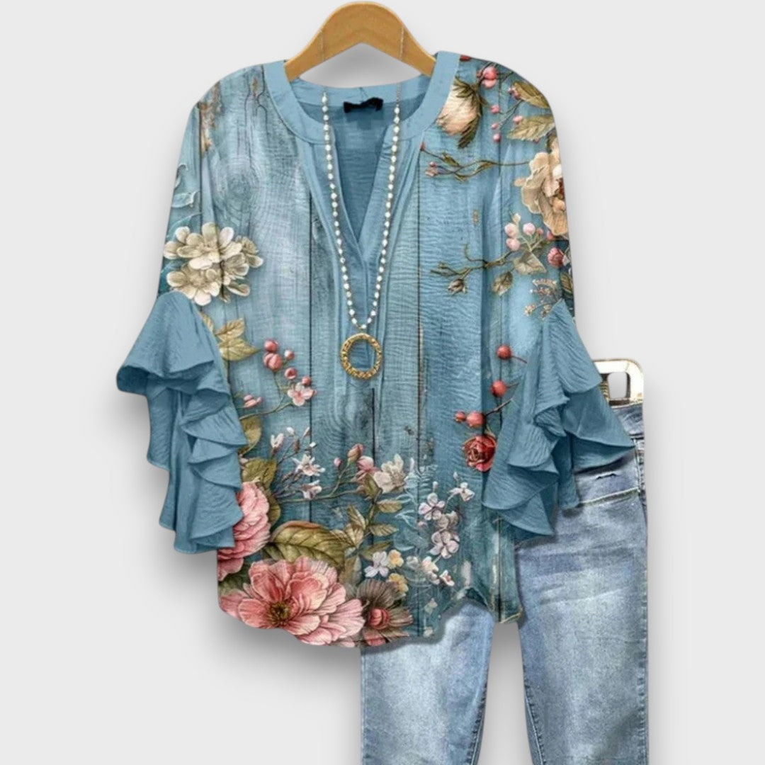 Floral Print V Neck Ruffle Sleeve Blouse
