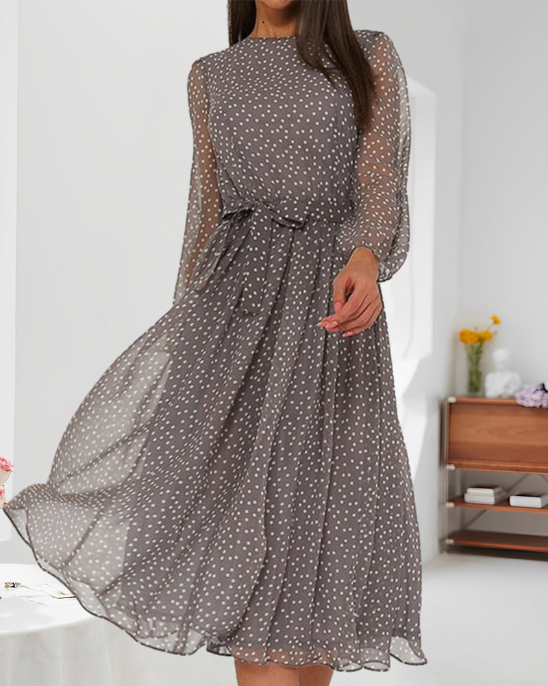 A-Line Knee-Length Dress With Lantern Sleeves and Polka Dot Print