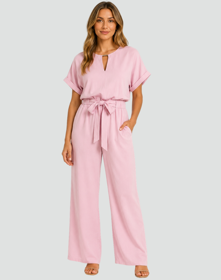 Cinched Waist Short Sleeve Jumpsuit