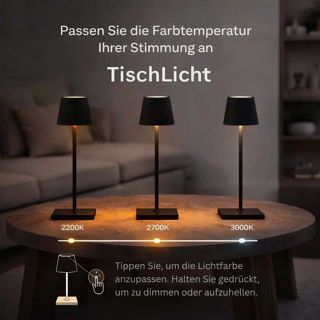Cordless LED Table Lamp with Touch Dimmer and 16-Hour Battery