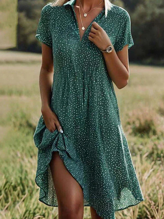 Midi Shirt Dress for Women - Green Short Sleeve Casual Everyday Dress