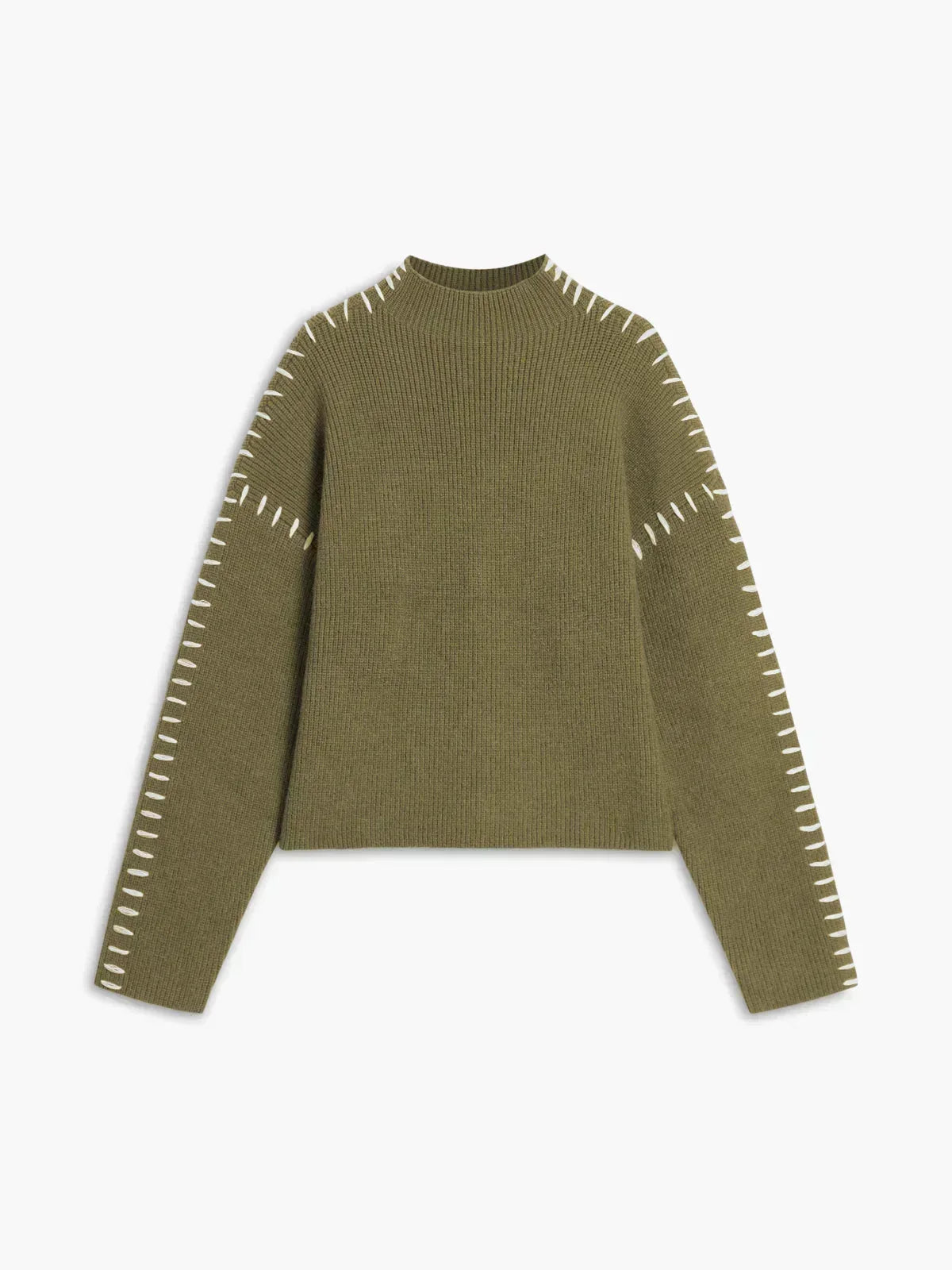Oversized Mock Neck Sweater with Whipstitch Trim