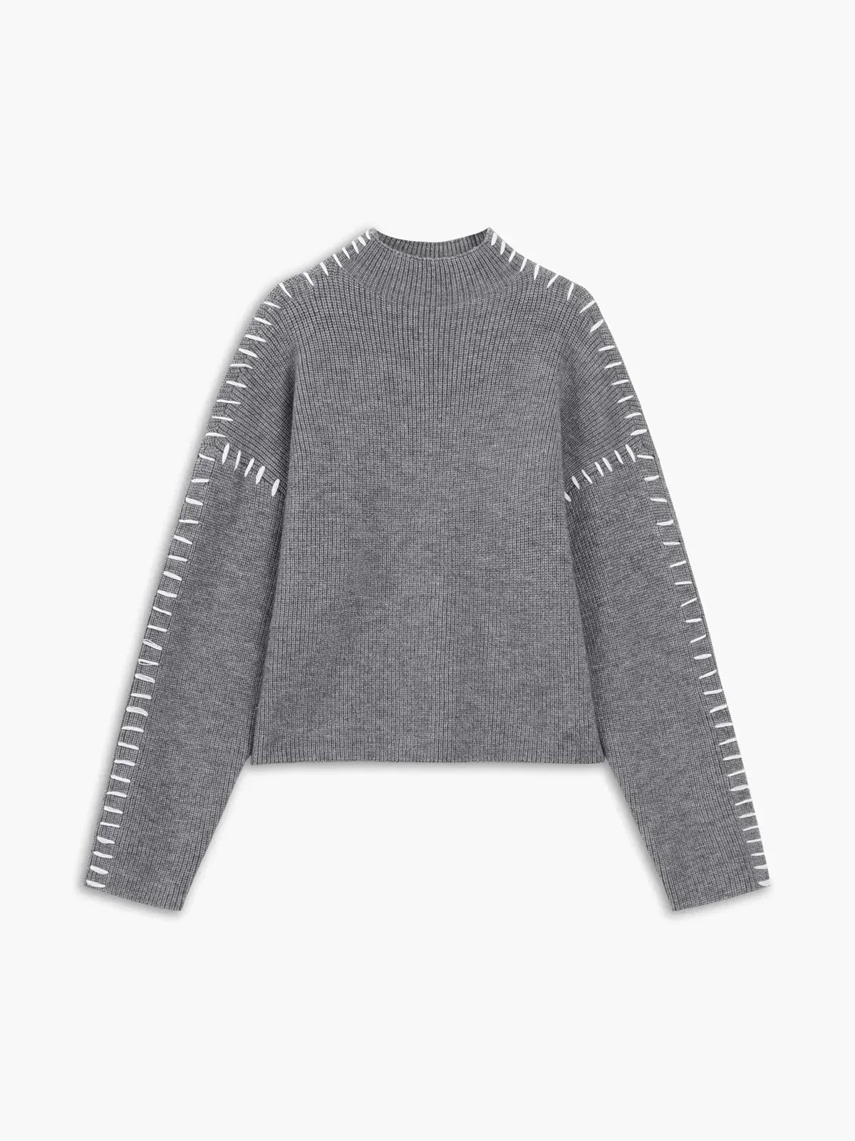Oversized Mock Neck Sweater with Whipstitch Trim