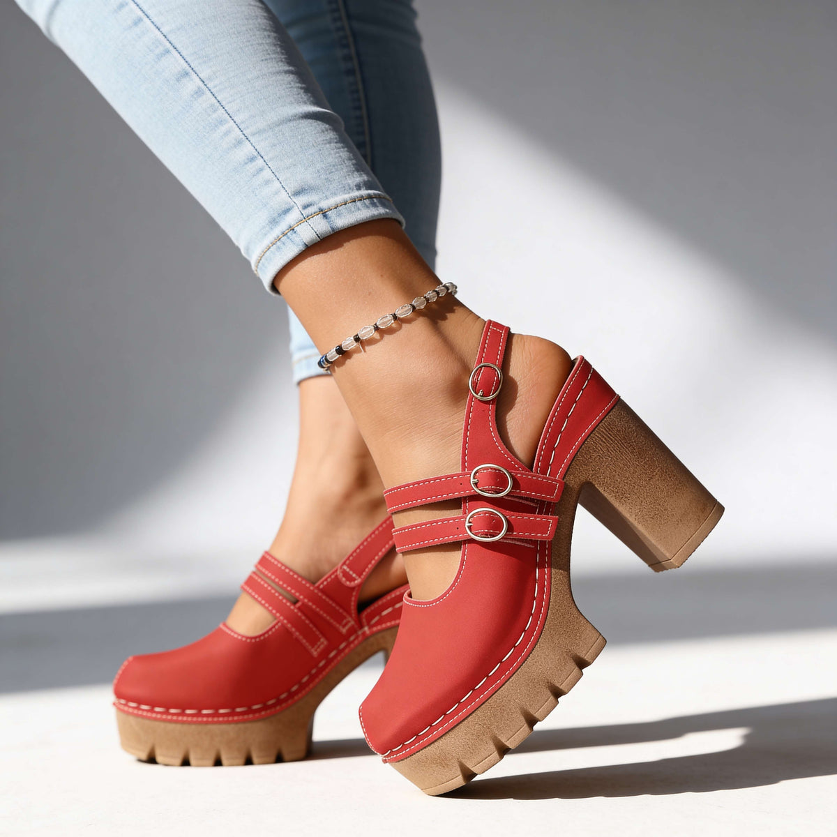 Triple Buckle Platform Slingback Heels