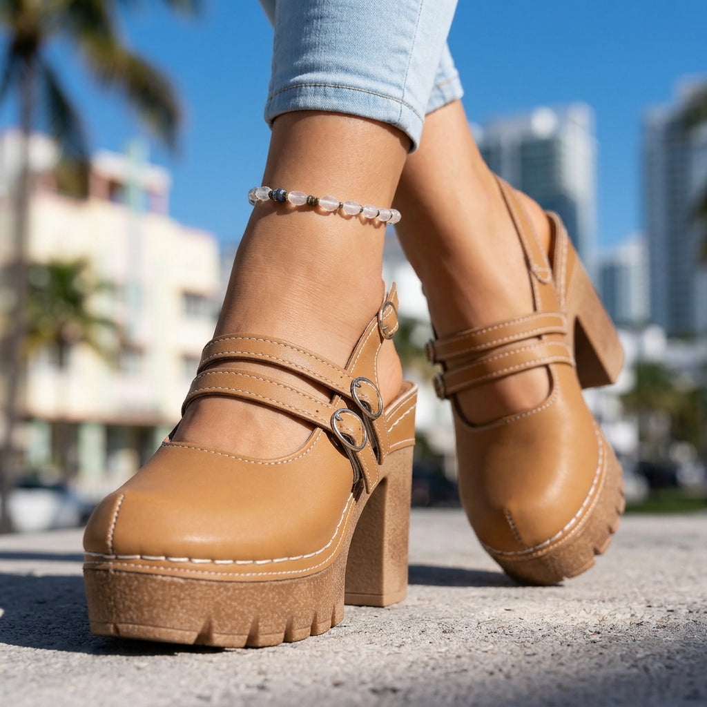 Triple Buckle Platform Slingback Heels