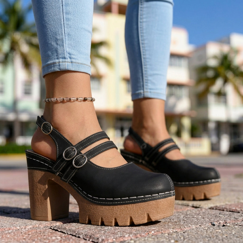 Triple Buckle Platform Slingback Heels