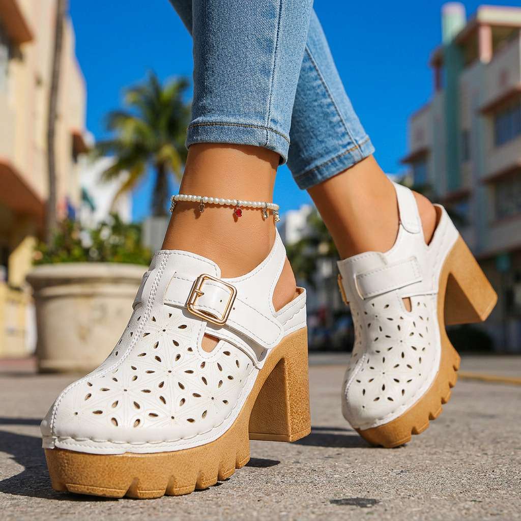Platform Buckle Clogs with Floral Cutout