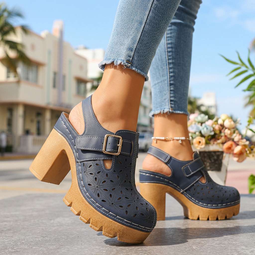 Platform Buckle Clogs with Floral Cutout