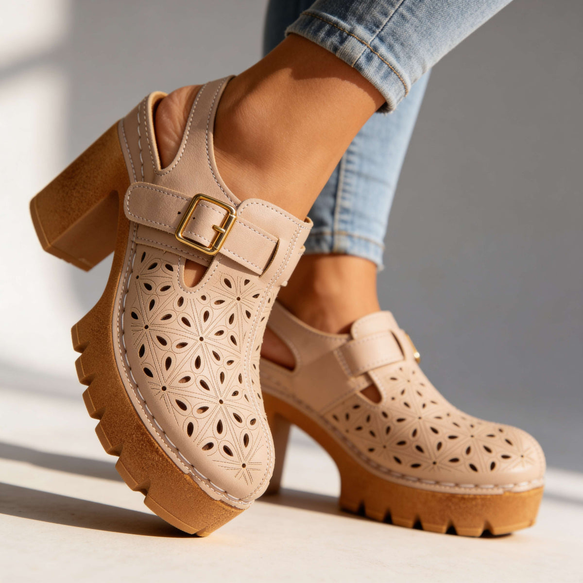 Platform Buckle Clogs with Floral Cutout