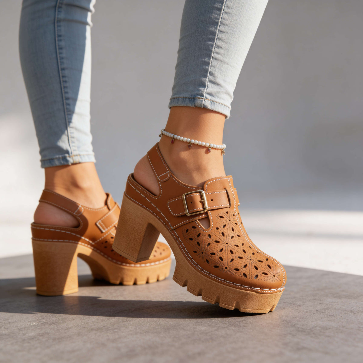 Platform Buckle Clogs with Floral Cutout