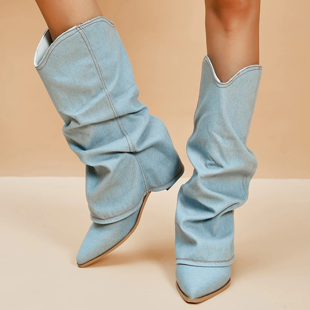 Pleated Pointed-Toe Tall Block Heel Boots