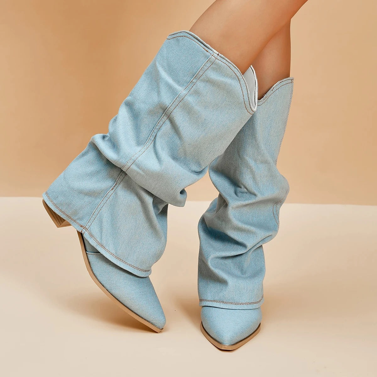 Pleated Pointed-Toe Tall Block Heel Boots