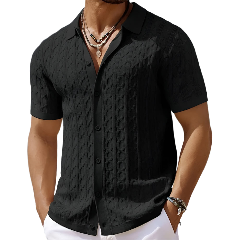 Men's Short Sleeve Textured Button-Down Polo Shirt