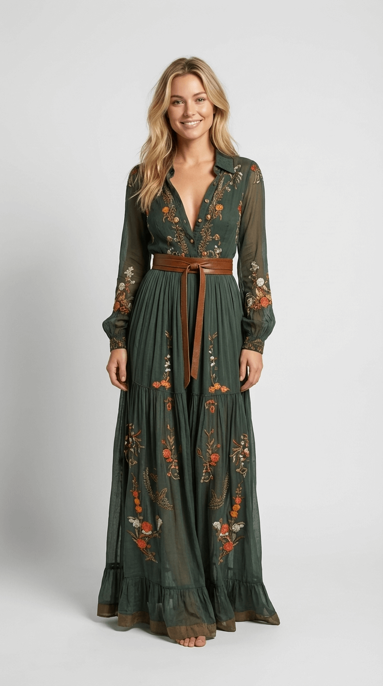 Tiered Boho Printed Maxi Dress with Long Sleeves