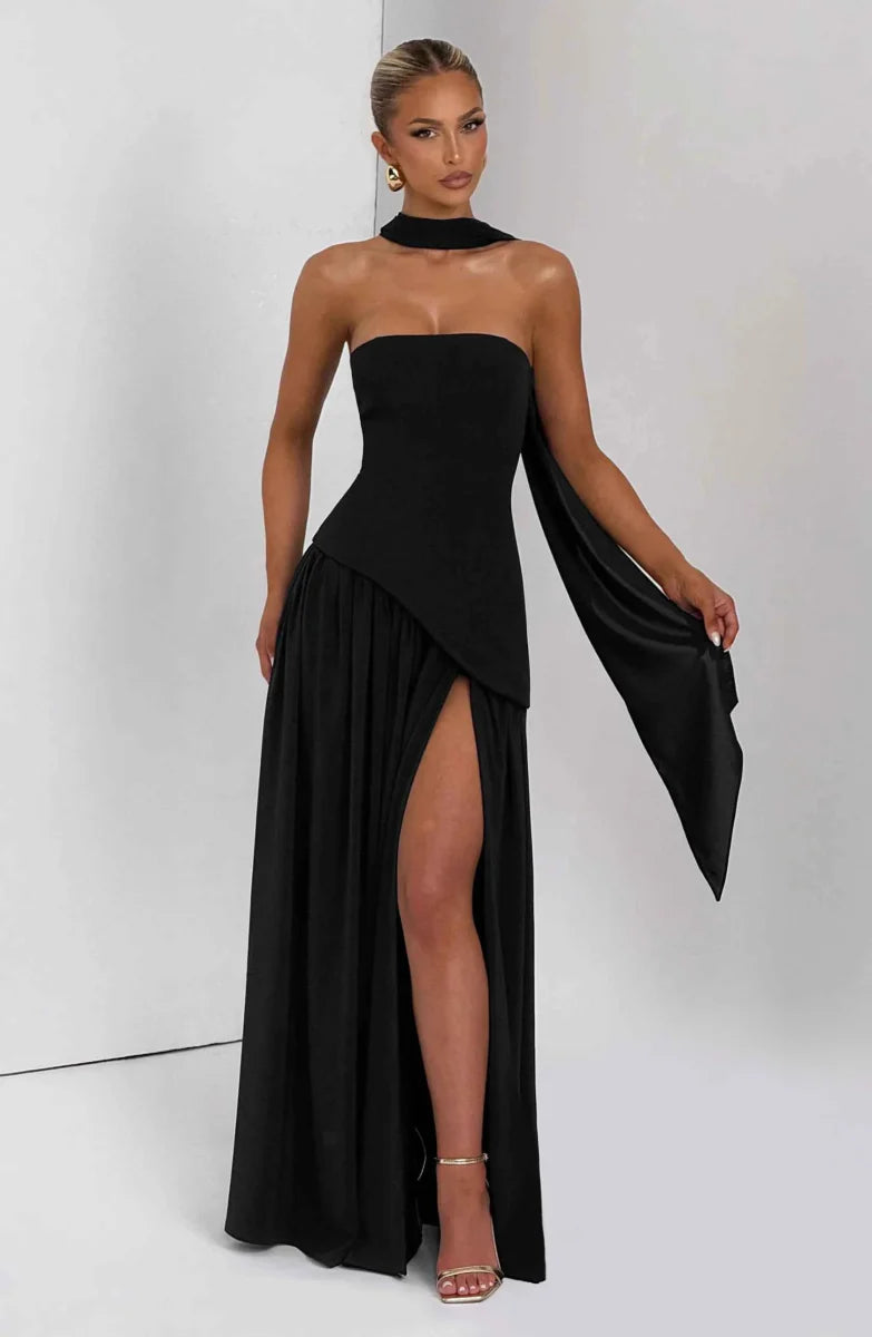 Draped Maxi Dress With High Leg Slit
