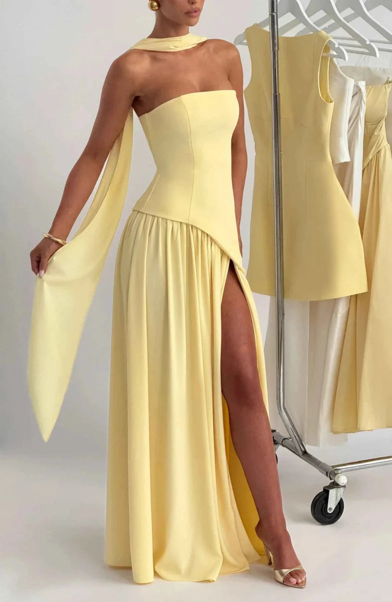Draped Maxi Dress With High Leg Slit