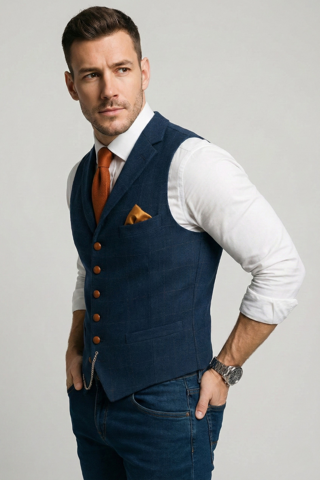 Windowpane Tweed V-Neck Waistcoat With Pockets
