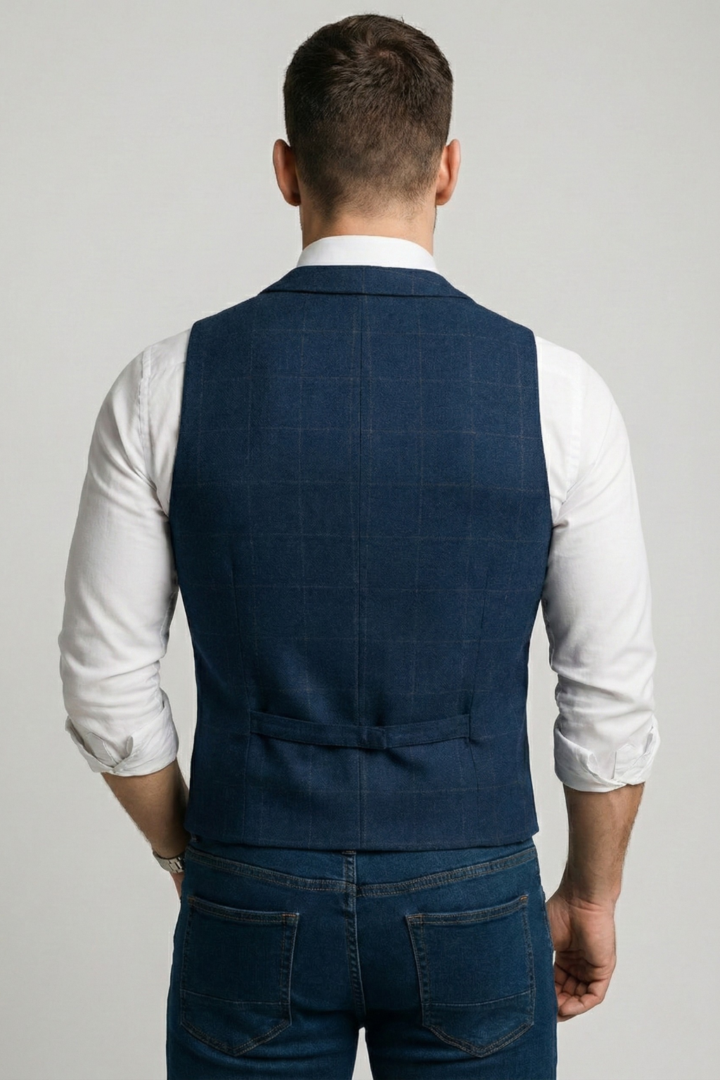 Windowpane Tweed V-Neck Waistcoat With Pockets