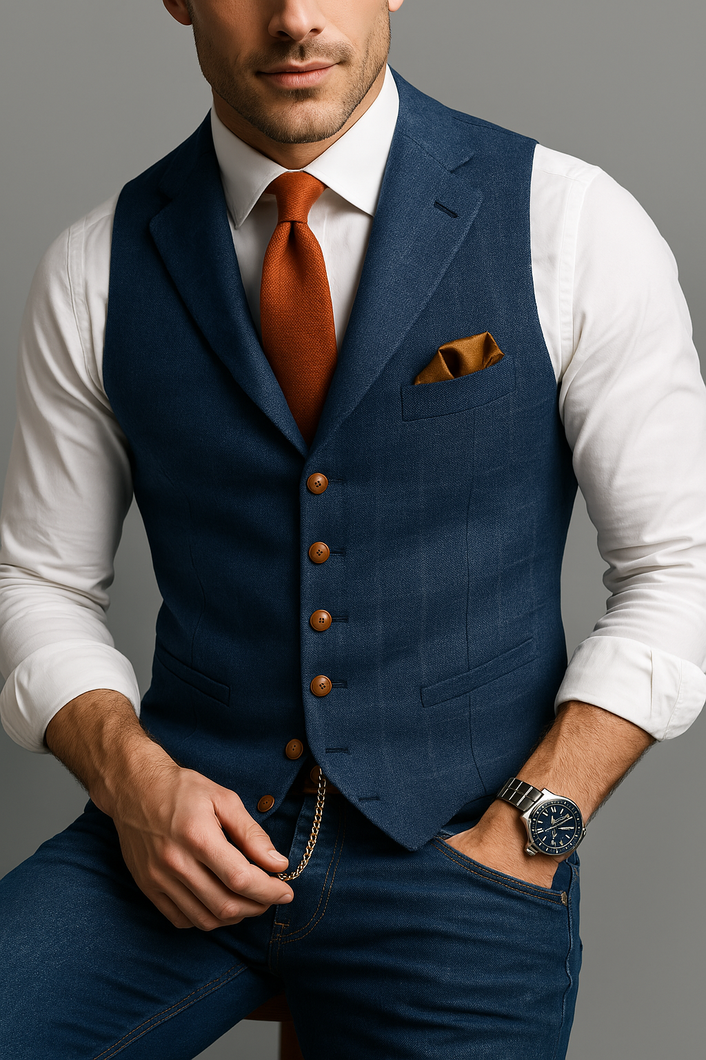 Windowpane Tweed V-Neck Waistcoat With Pockets