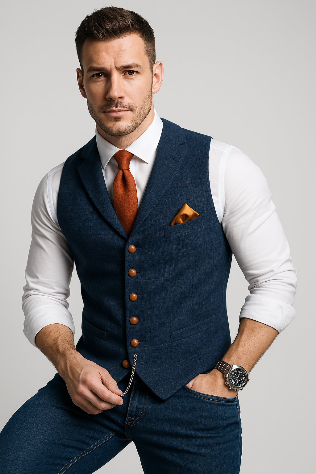Windowpane Tweed V-Neck Waistcoat With Pockets