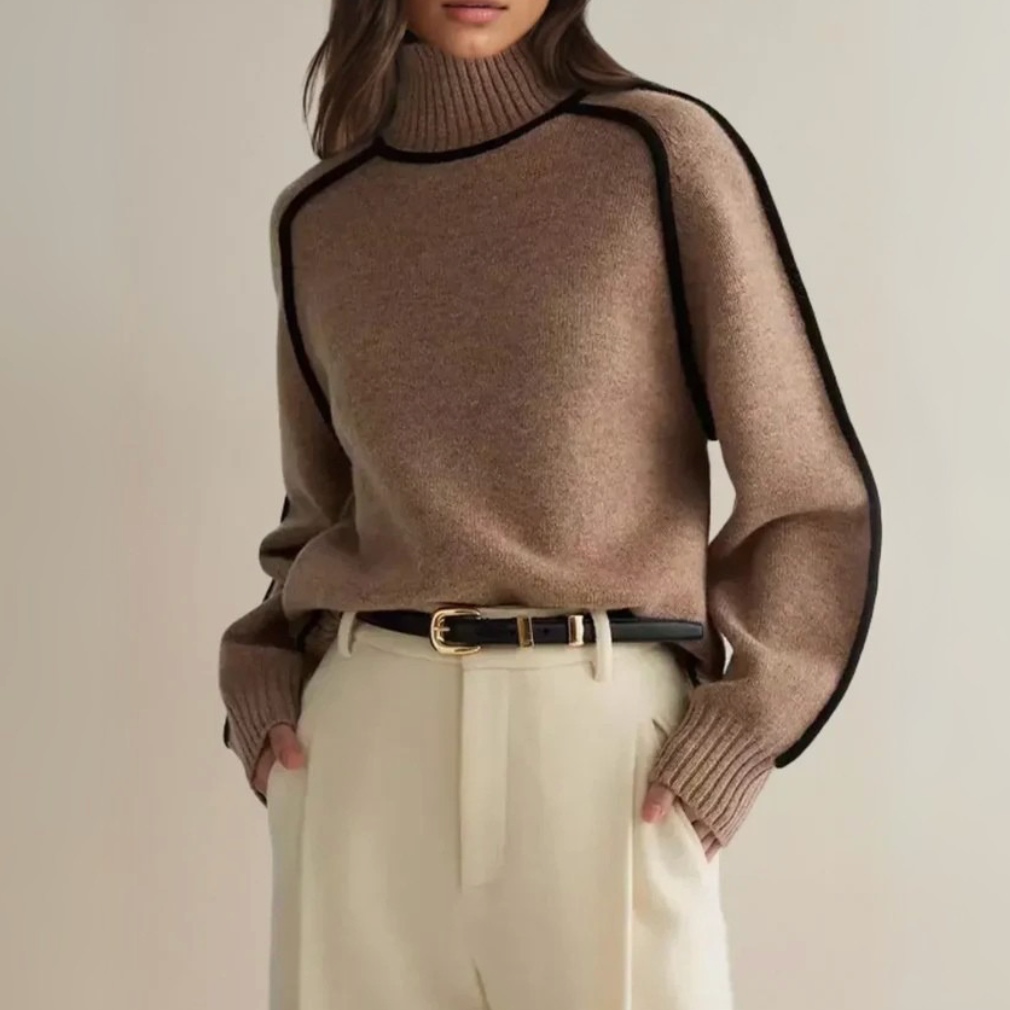 Turtleneck Sweater with Contrast Piping Trim