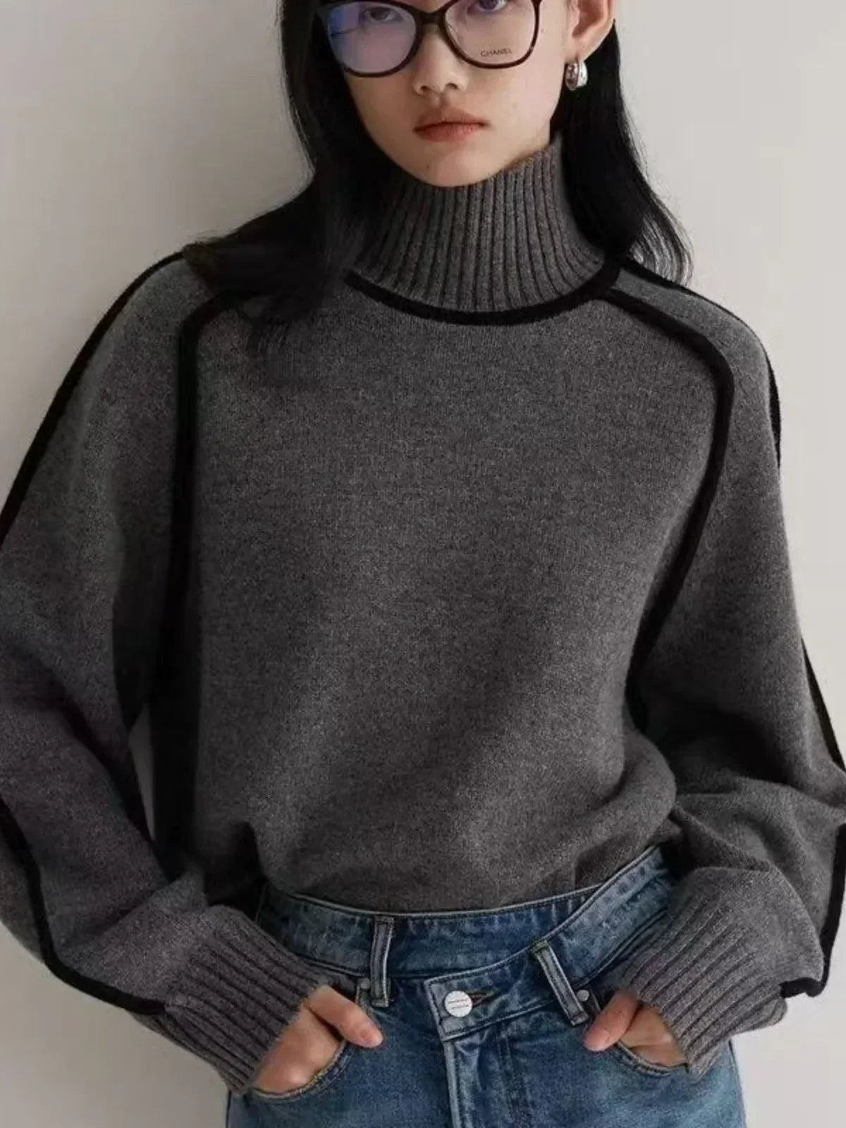 Turtleneck Sweater with Contrast Piping Trim