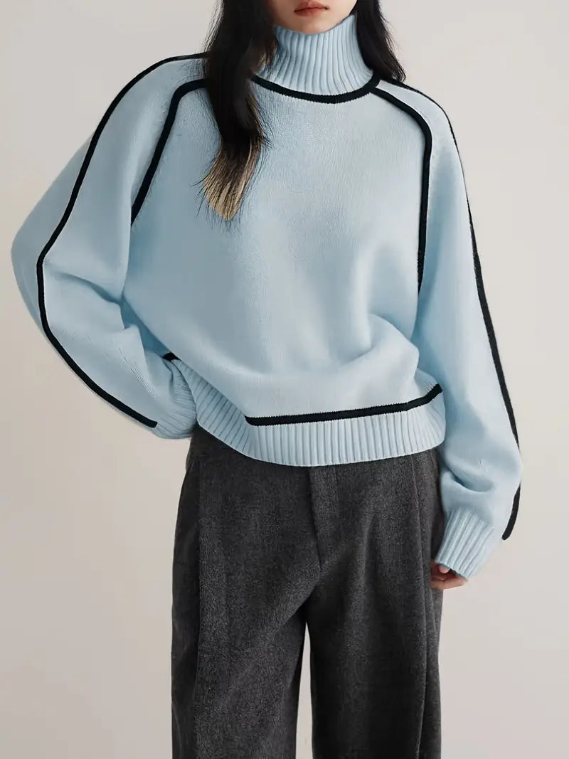 Turtleneck Sweater with Contrast Piping Trim
