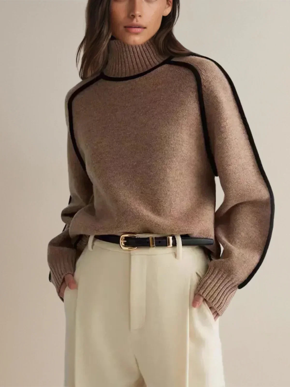 Turtleneck Sweater with Contrast Piping Trim