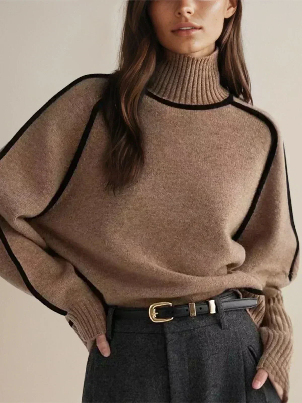 Turtleneck Sweater with Contrast Piping Trim