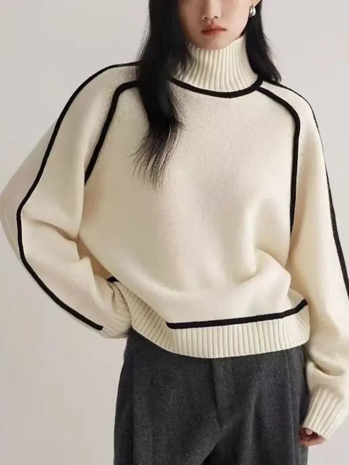 Turtleneck Sweater with Contrast Piping Trim