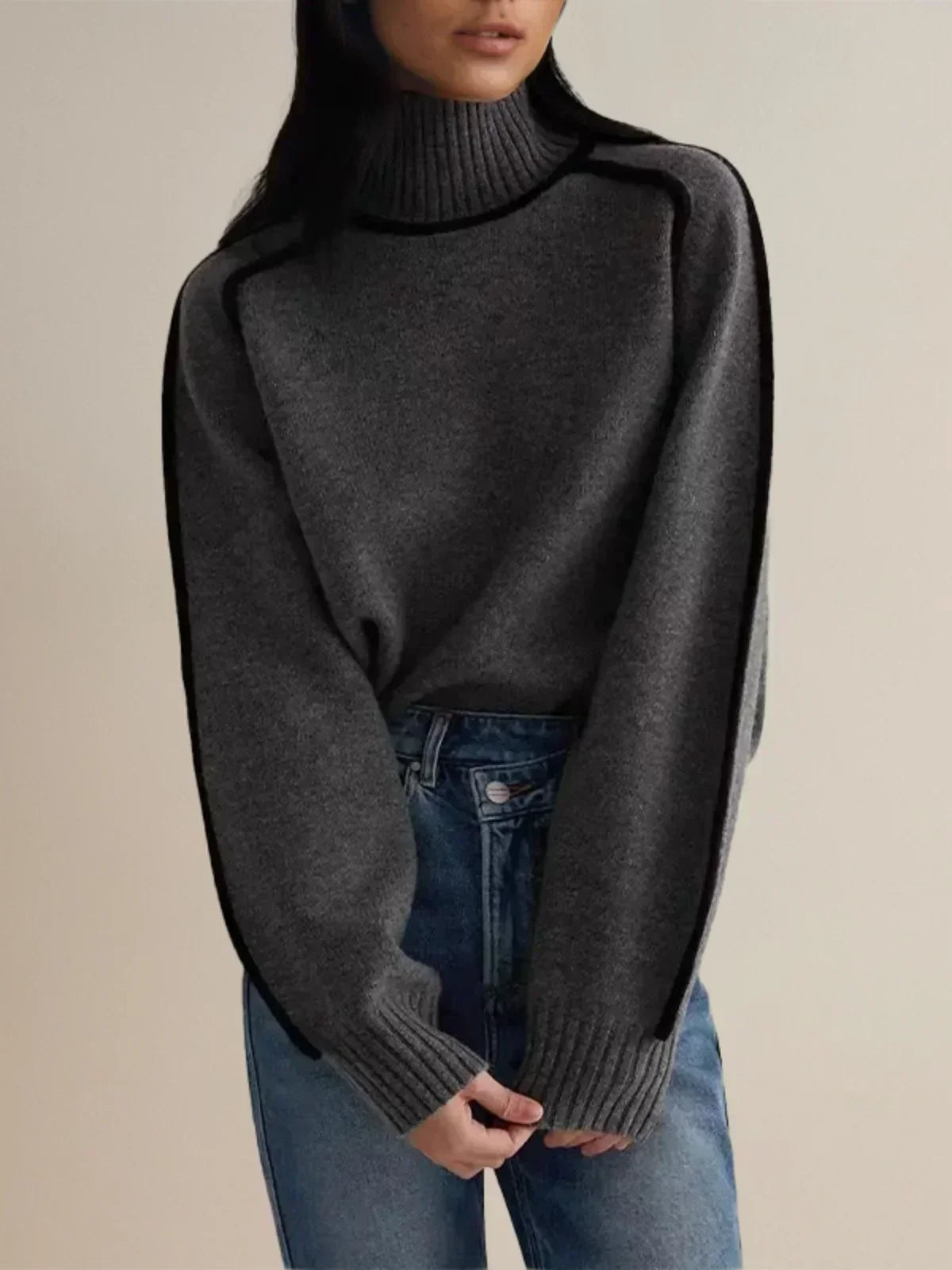 Turtleneck Sweater with Contrast Piping Trim