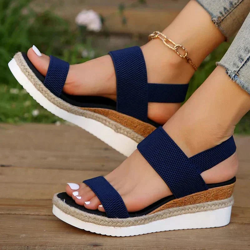 Elastic Strap Platform Sandals – Woven Upper – Ankle Chain Detail